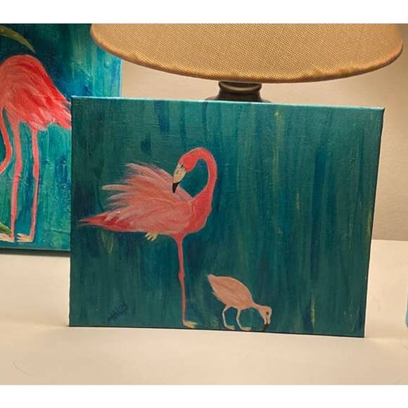 Original painting - Flamingo parent & chick signed 8" x 10" on canvas panel - Picture 2 of 4